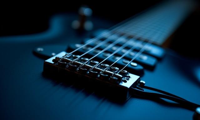 Close up of acoustic guitar strings under stage lighting
